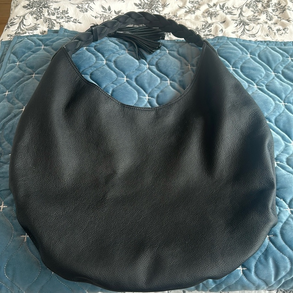 Black Leather Shoulder Bag with Braided Handle